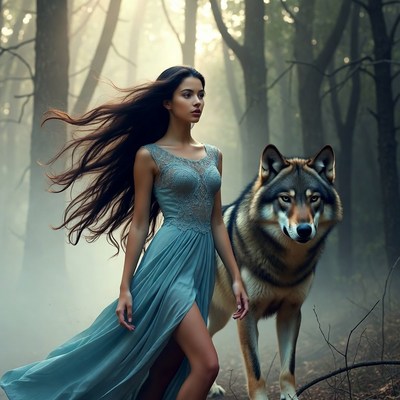 Woman and wolf in forest