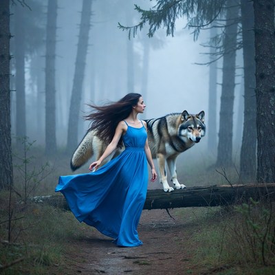 Woman with wolf in forest