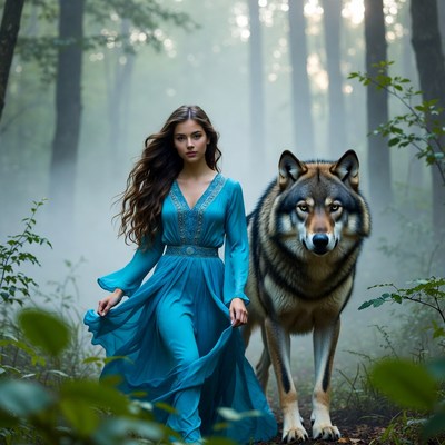 Woman and wolf in forest