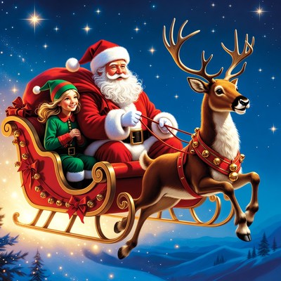 Santa and child ride in sleigh