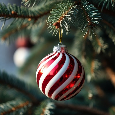 Red and white ornament hangs on tree