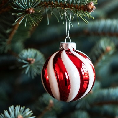 Red and white christmas ornament on tree