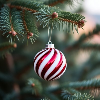 Red and white ornament on tree branch