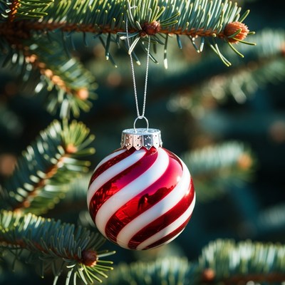 Red and white ornament on tree branch