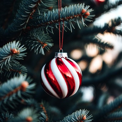 Red and white ornament on tree