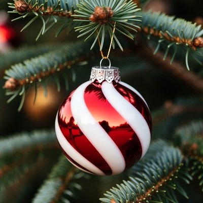 Christmas ornament on evergreen tree