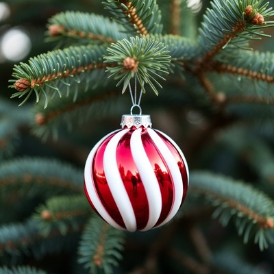 Red and white ornament on tree
