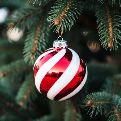 Red and white ornament on tree