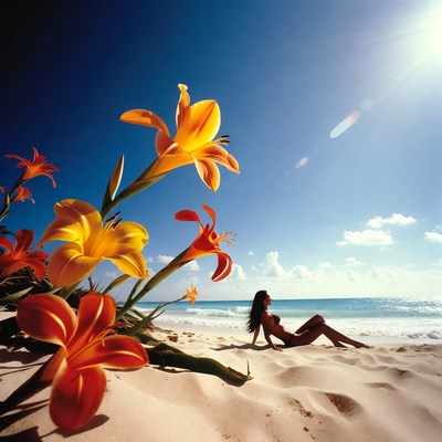 Woman relaxing by the beach with flowers