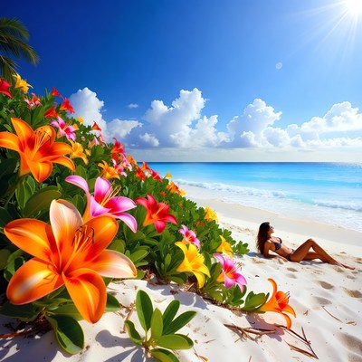 Woman relaxing on beach with flowers