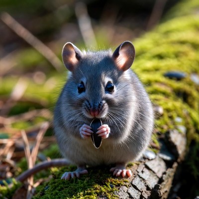 Mouse eats seed on log in forest