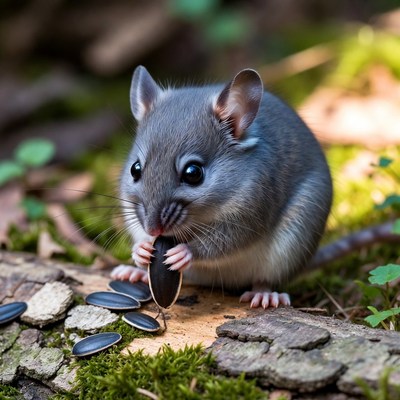 Small animal eats seeds in forest