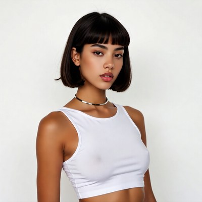 Model poses in white top indoors