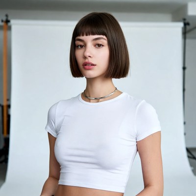 Young woman poses in studio setting