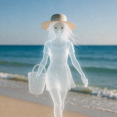 Girl walking on beach with basket