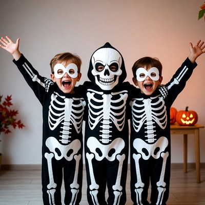Kids in skeleton costumes celebrate halloween