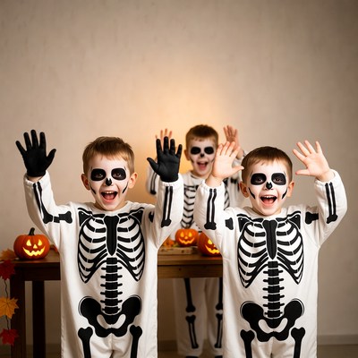 Kids in skeleton costumes for halloween