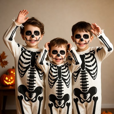 Kids dressed in skeleton outfits for halloween