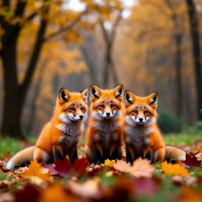 Three foxes in autumn forest