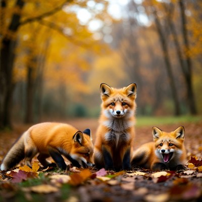 Three foxes in autumn woods