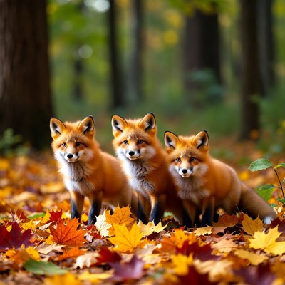 Three foxes in autumn forest