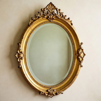 Gold framed oval mirror on wall