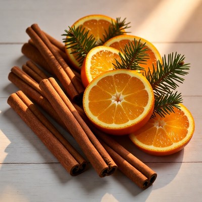 Cinnamon and orange arrangement on wood