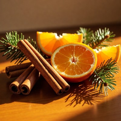 Cinnamon and orange on wooden table