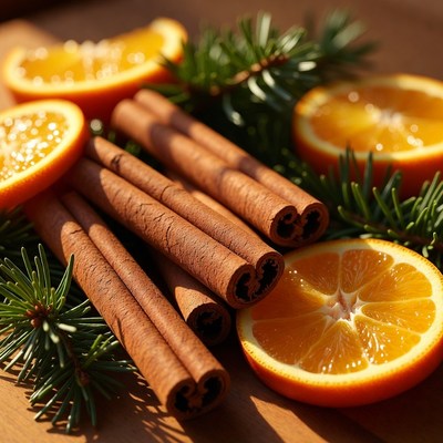 Cinnamon and orange on wooden surface