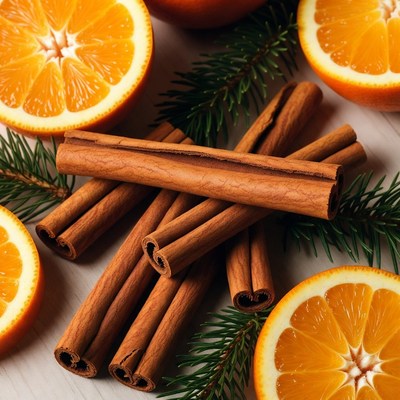 Cinnamon and orange on wooden table