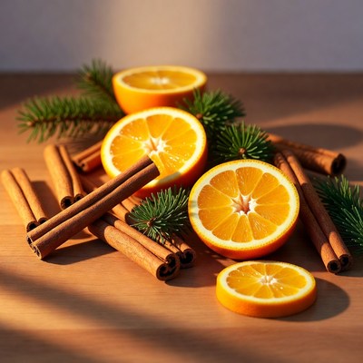 Fresh oranges and cinnamon sticks on table