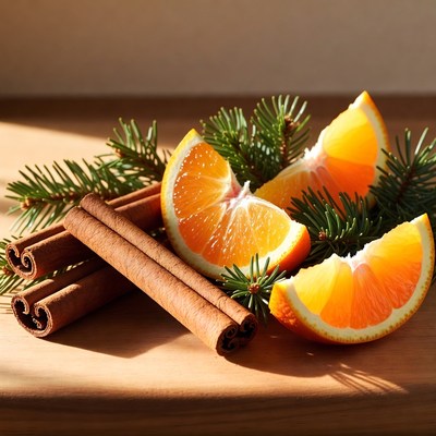 Cinnamon and orange on wooden table