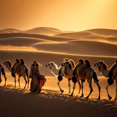 Woman walks with camels in desert