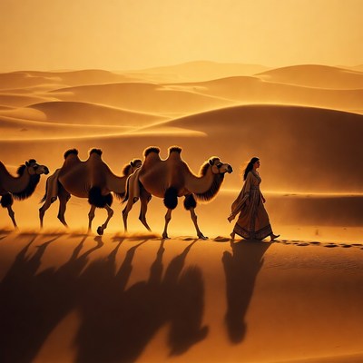 Woman walks with camels in desert