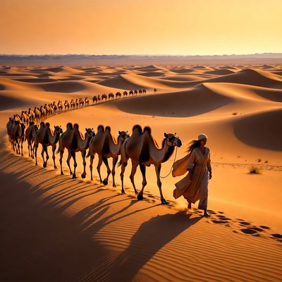 Camels walking in the desert at sunset