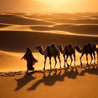 Camels walk in desert sunset