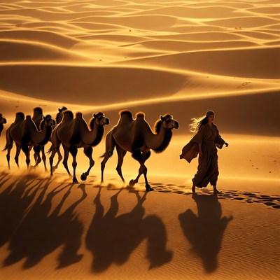 Camels walking in desert sand