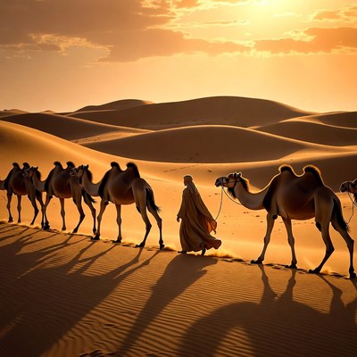 Camels walking in the desert at sunset