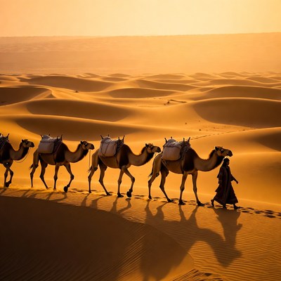 Camels walk across desert dunes at sunset