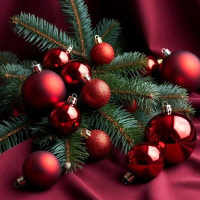 Red ornaments on green branches