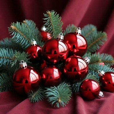 Red ornaments on green branches