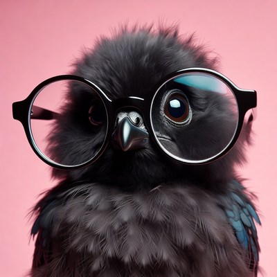 Bird wearing round glasses on pink background