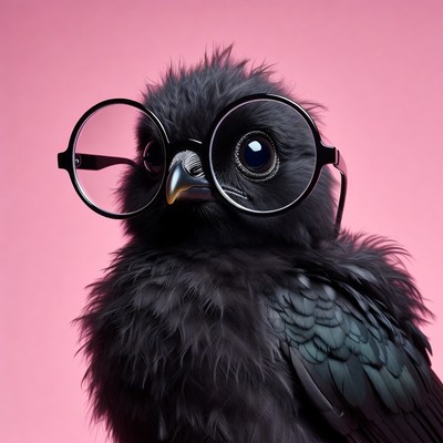 Black bird with glasses on pink background