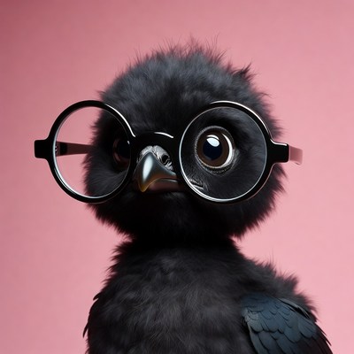 Black bird with glasses on pink background
