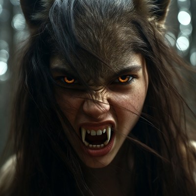 Woman with wolf features in forest