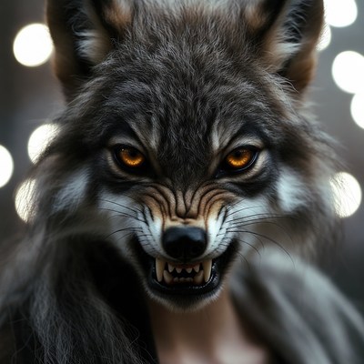 Wolf with glowing eyes at night