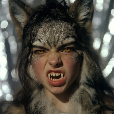 Girl in wolf costume makes fierce face