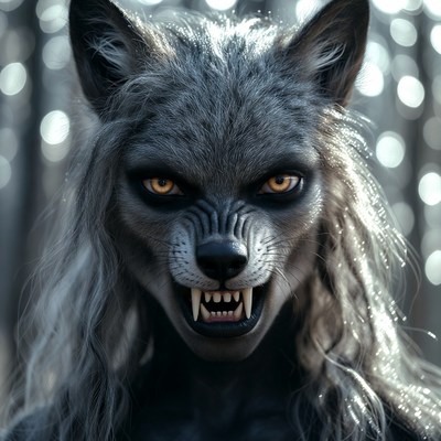 Wolf creature with long hair poses in forest