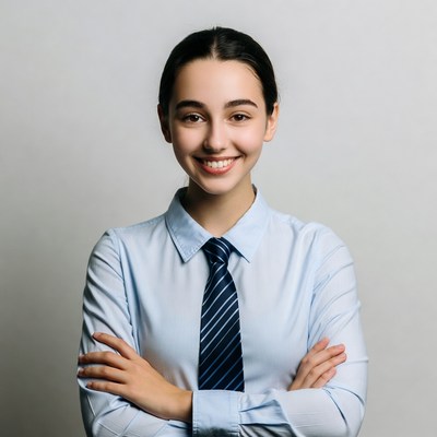 Smiling woman in formal shirt and tie