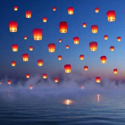 Lanterns float over water at dusk